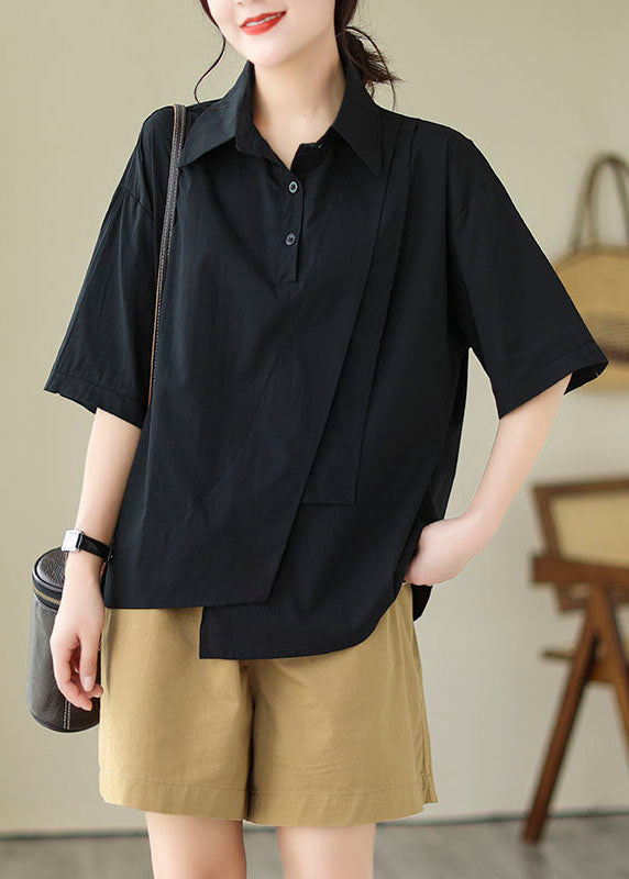 Women Black Peter Pan Collar Asymmetrical Design Cotton Top Summer