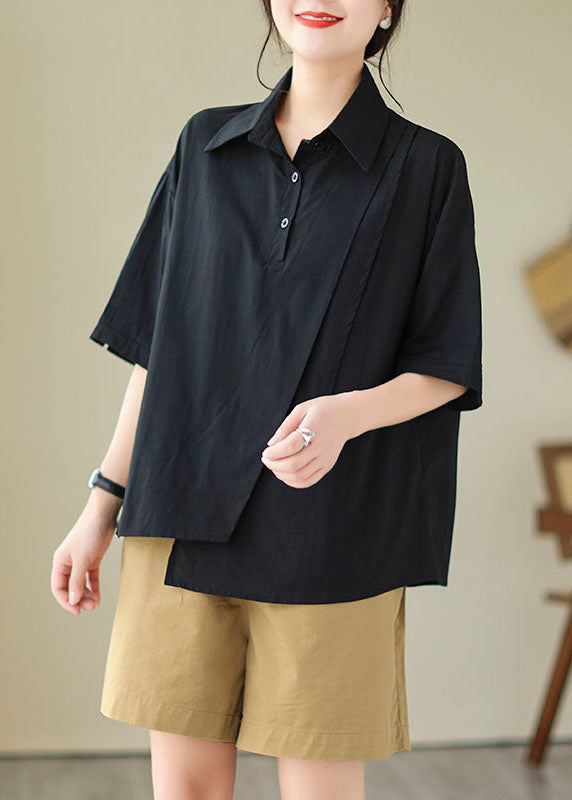 Women Black Peter Pan Collar Asymmetrical Design Cotton Top Summer