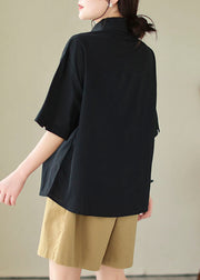 Women Black Peter Pan Collar Asymmetrical Design Cotton Top Summer