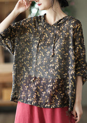 Women Black Peter Pan Collar Print Linen Hooded Shirt Long Sleeve