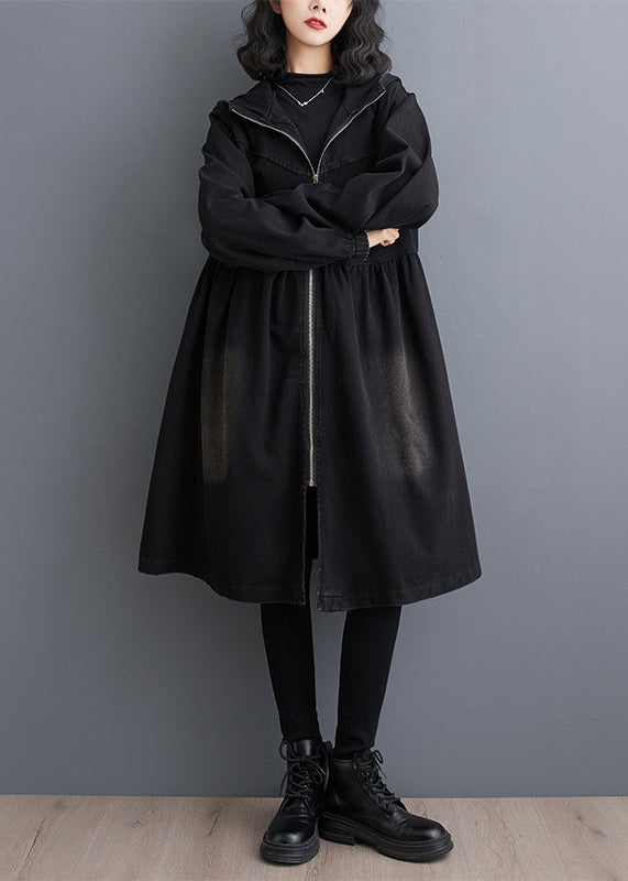 Women Black Peter Pan Collar Zippered Denim Long Trench Coats Fall
