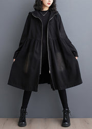 Women Black Peter Pan Collar Zippered Denim Long Trench Coats Fall