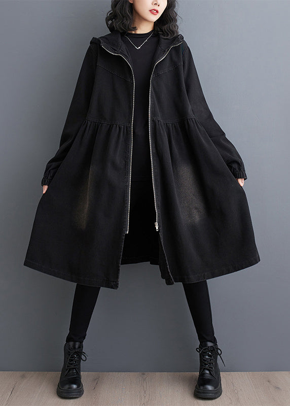 Women Black Peter Pan Collar Zippered Denim Long Trench Coats Fall