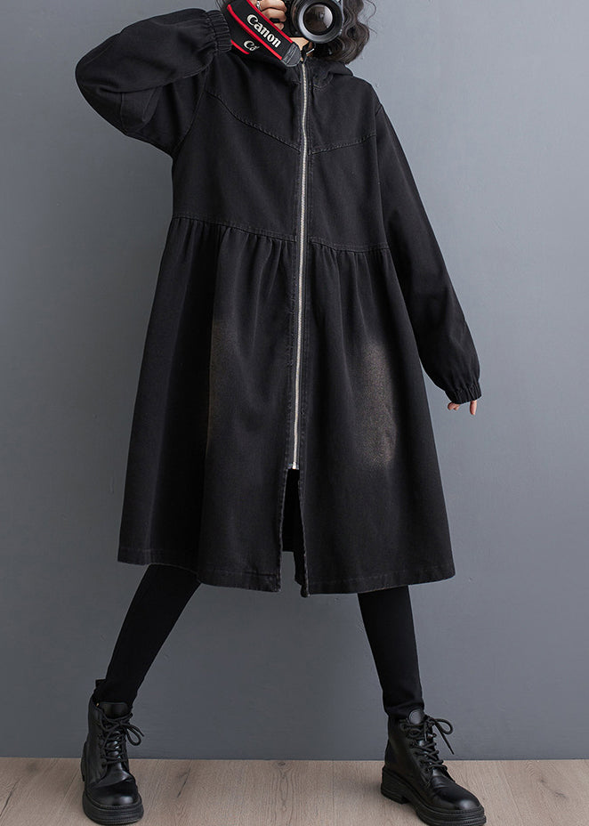 Women Black Peter Pan Collar Zippered Denim Long Trench Coats Fall
