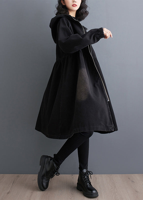 Women Black Peter Pan Collar Zippered Denim Long Trench Coats Fall