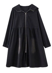Women Black Peter Pan Collar Zippered Denim Long Trench Coats Fall