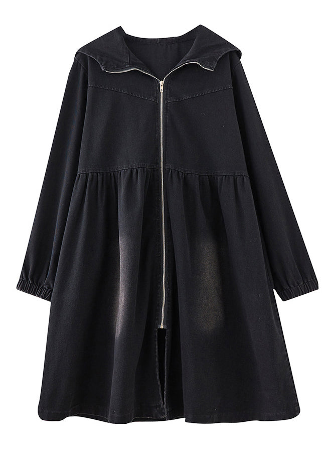 Women Black Peter Pan Collar Zippered Denim Long Trench Coats Fall