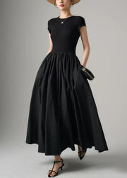 Women Black Pockets Knit Patchwork Cotton Long Dress Summer
