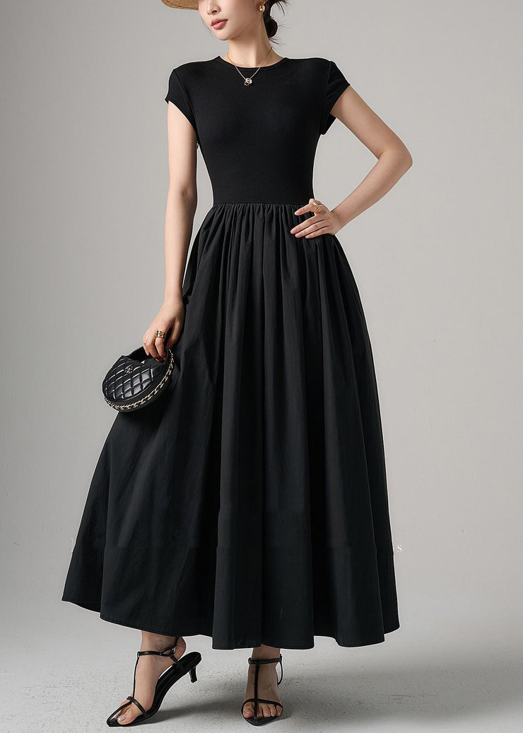 Women Black Pockets Knit Patchwork Cotton Long Dress Summer