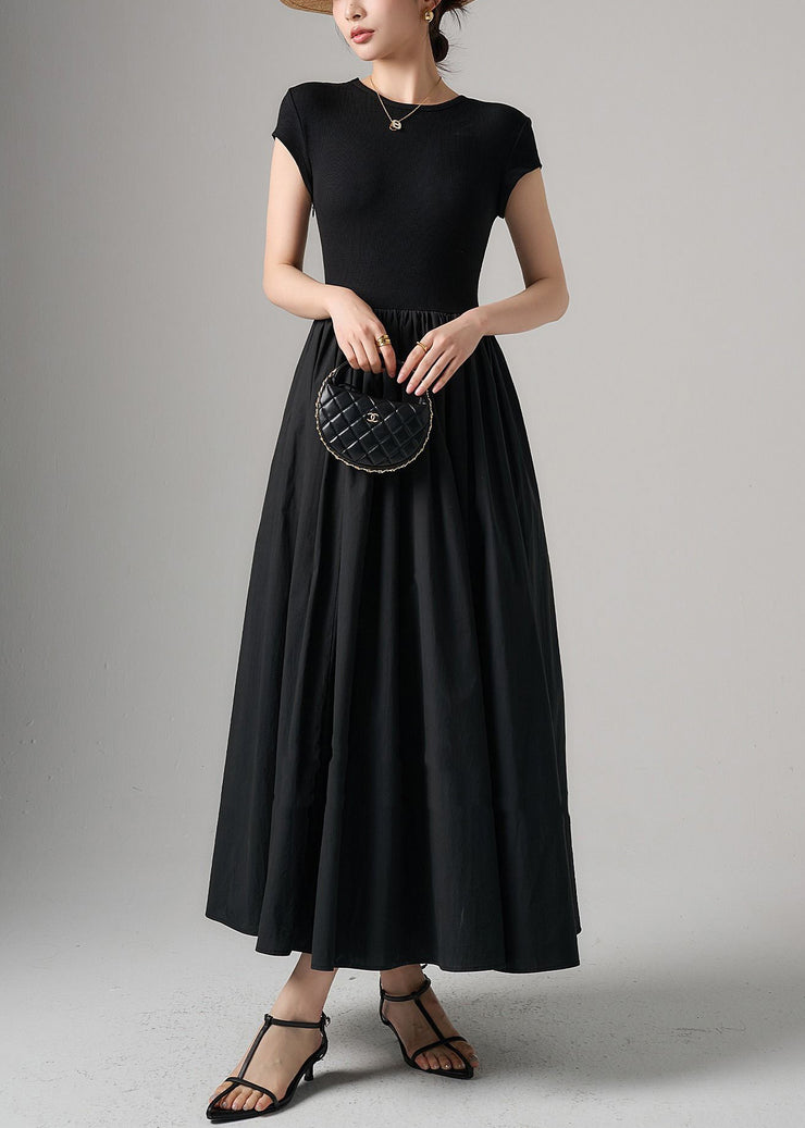 Women Black Pockets Knit Patchwork Cotton Long Dress Summer