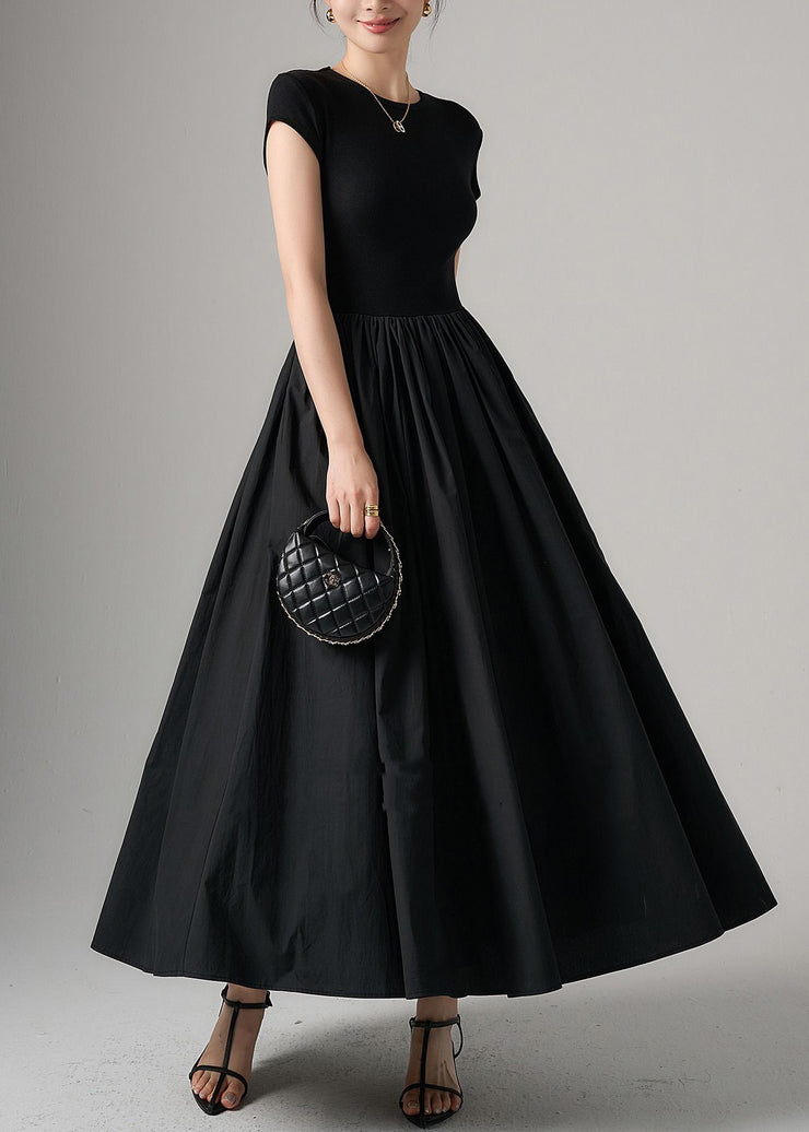 Women Black Pockets Knit Patchwork Cotton Long Dress Summer