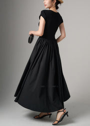 Women Black Pockets Knit Patchwork Cotton Long Dress Summer