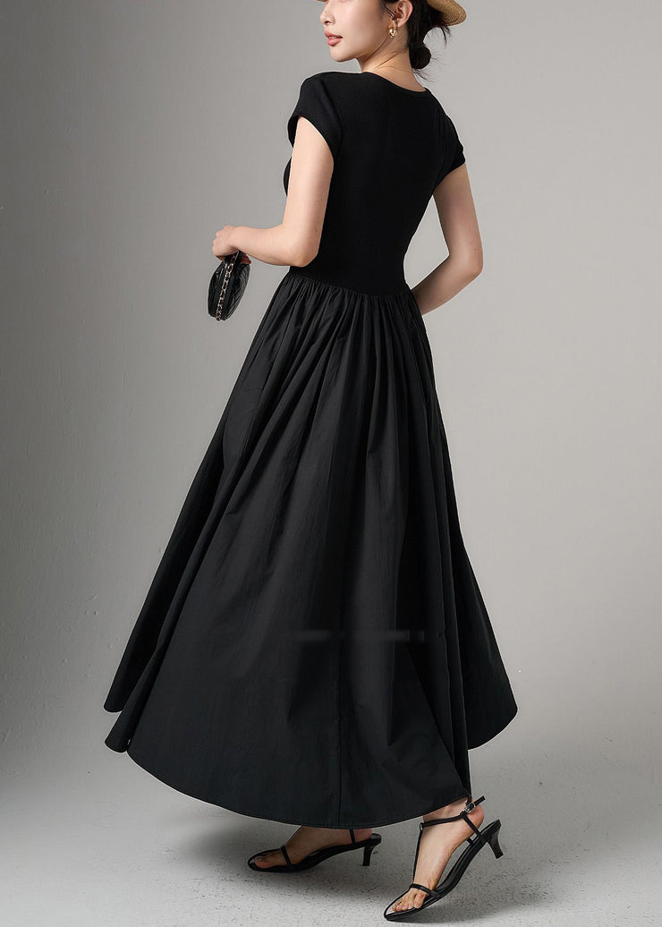 Women Black Pockets Knit Patchwork Cotton Long Dress Summer