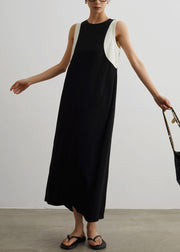 Women Black Pockets Patchwork False Two Pieces Cotton Long Dresses Sleeveless