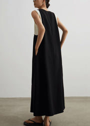 Women Black Pockets Patchwork False Two Pieces Cotton Long Dresses Sleeveless
