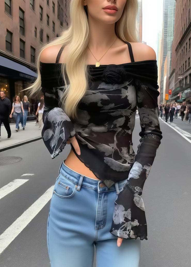 Women Black Print Flower Decorated Cold Shoulder Tops Summer