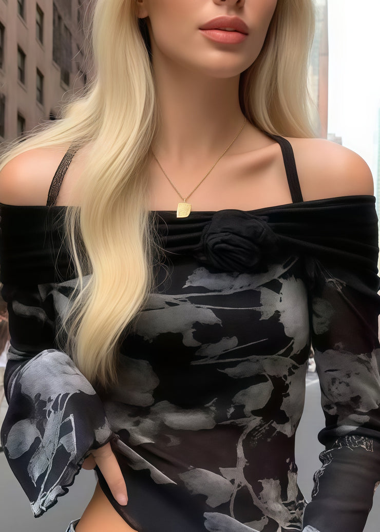 Women Black Print Flower Decorated Cold Shoulder Tops Summer