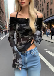 Women Black Print Flower Decorated Cold Shoulder Tops Summer