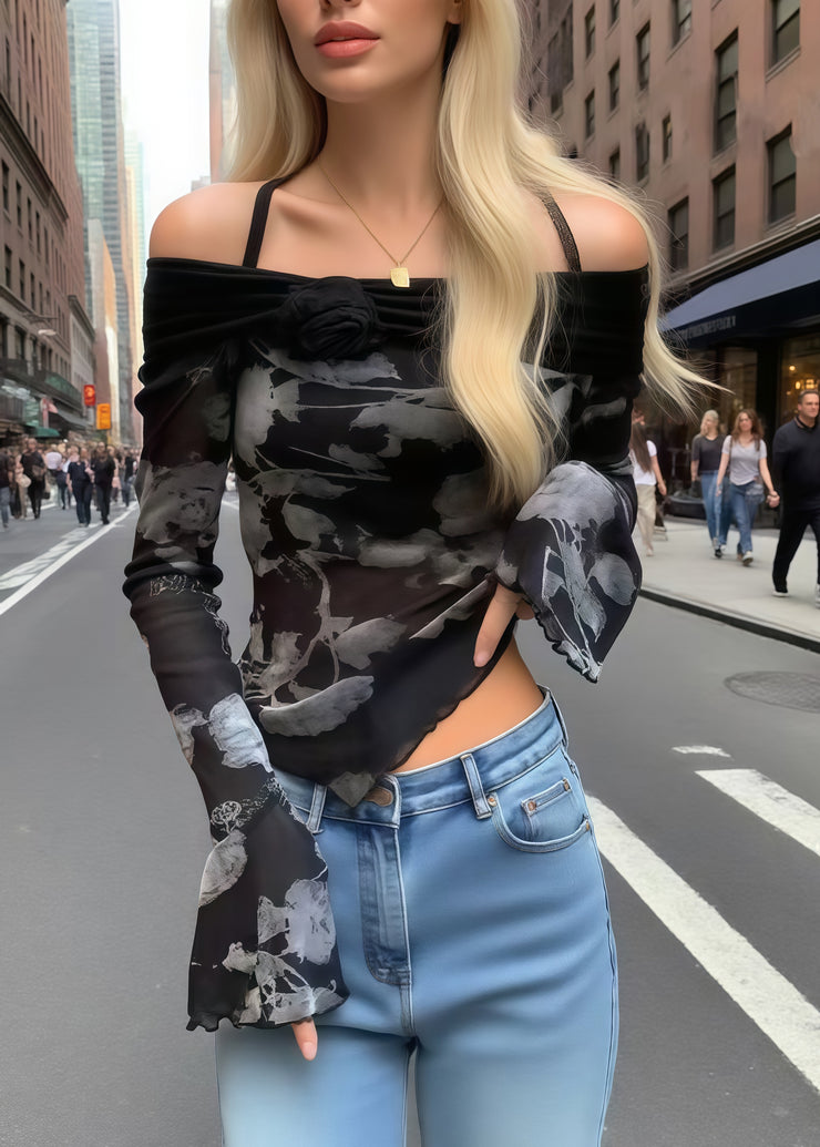 Women Black Print Flower Decorated Cold Shoulder Tops Summer