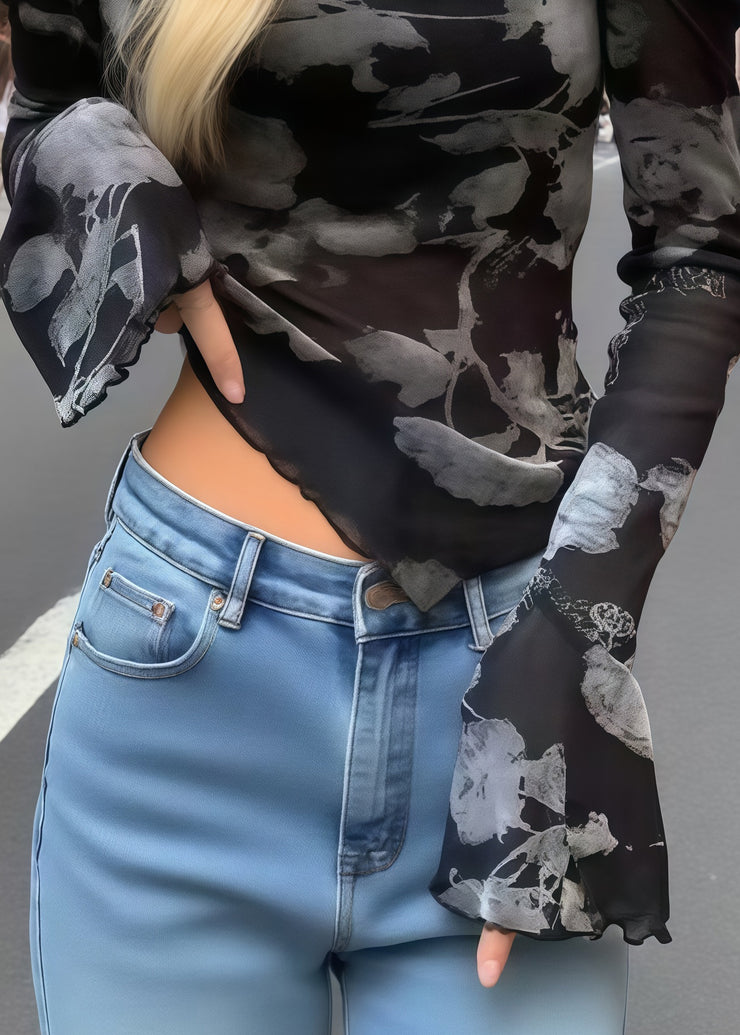 Women Black Print Flower Decorated Cold Shoulder Tops Summer