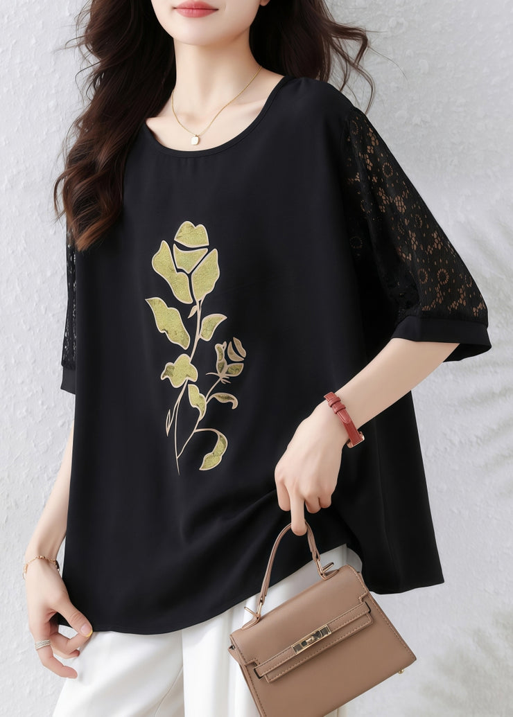 Women Black Print Lace Hollow Out Cotton T Shirt Half Sleeve