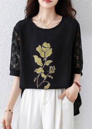 Women Black Print Lace Hollow Out Cotton T Shirt Half Sleeve