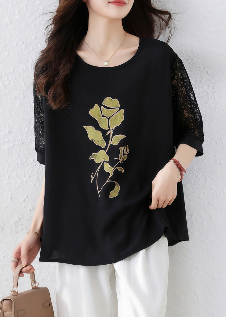 Women Black Print Lace Hollow Out Cotton T Shirt Half Sleeve
