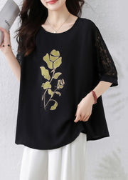 Women Black Print Lace Hollow Out Cotton T Shirt Half Sleeve