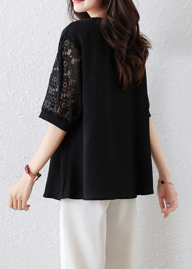 Women Black Print Lace Hollow Out Cotton T Shirt Half Sleeve