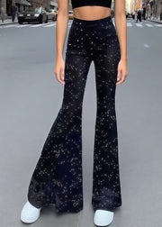 Women Black Rhinestone Mesh Tulle Flare Bottoms Summer