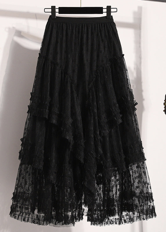 Women Black Ruffled Lace A Line Skirts Fall
