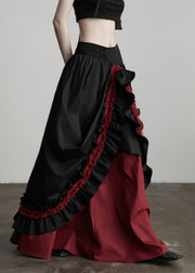 Women Black Ruffled Patchwork Exra Large Hem Cotton Skirts Fall