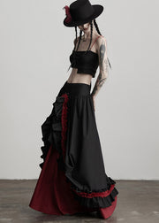 Women Black Ruffled Patchwork Exra Large Hem Cotton Skirts Fall