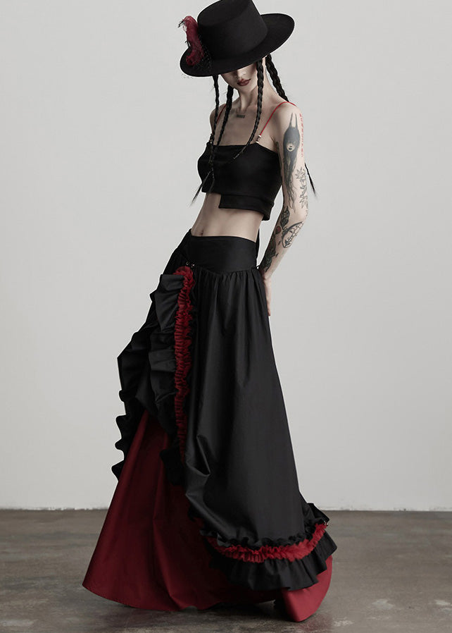 Women Black Ruffled Patchwork Exra Large Hem Cotton Skirts Fall
