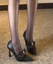 Women Black Sheepskin Splicing High Heels Bow Sequined