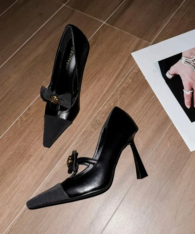 Women Black Sheepskin Splicing High Heels Bow Sequined