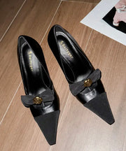 Women Black Sheepskin Splicing High Heels Bow Sequined