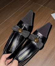 Women Black Sheepskin Splicing High Heels Bow Sequined
