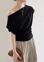 Women Black Slash Neck Solid Cotton T Shirt Summer