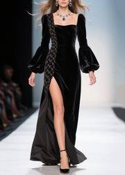 Women Black Square Collar Patchwork Side Open Silk Velvet Party Dress Lantern Sleeve