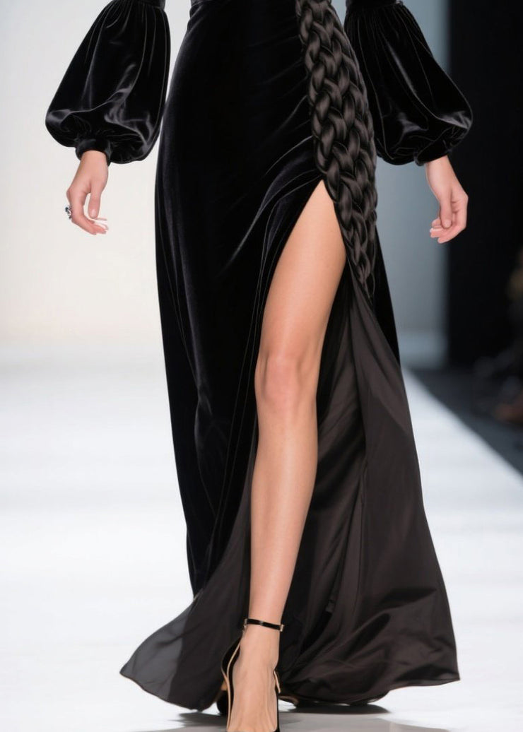 Women Black Square Collar Patchwork Side Open Silk Velvet Party Dress Lantern Sleeve