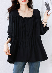 Women Black Square Collar Wrinkled Cotton Shirt Top Fall