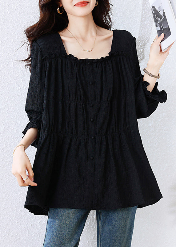 Women Black Square Collar Wrinkled Cotton Shirt Top Fall