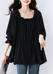 Women Black Square Collar Wrinkled Cotton Shirt Top Fall