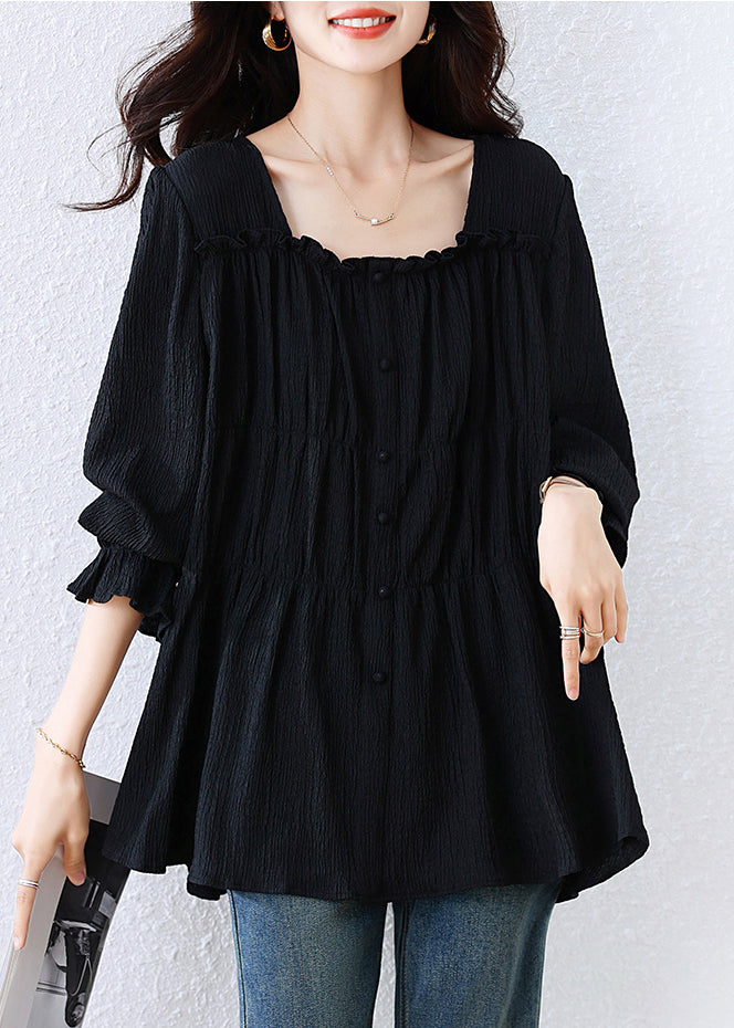Women Black Square Collar Wrinkled Cotton Shirt Top Fall