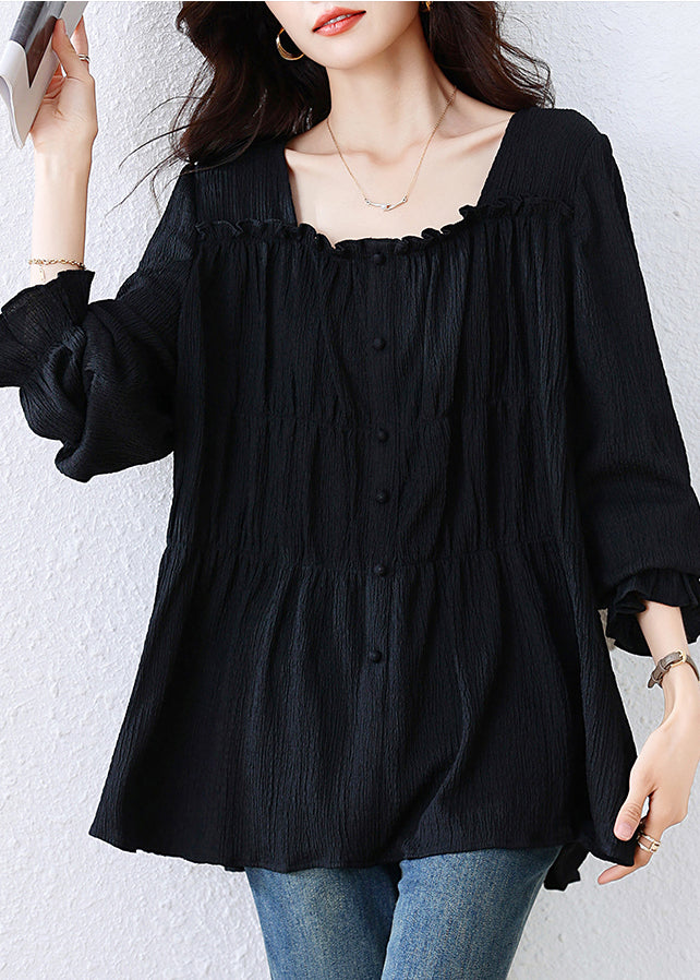 Women Black Square Collar Wrinkled Cotton Shirt Top Fall