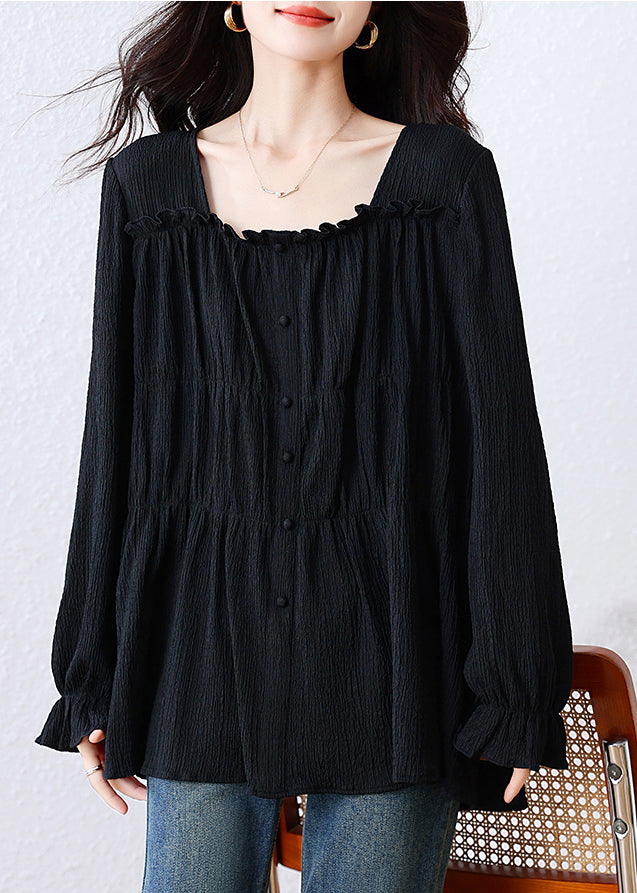 Women Black Square Collar Wrinkled Cotton Shirt Top Fall