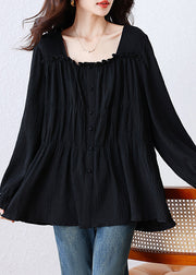 Women Black Square Collar Wrinkled Cotton Shirt Top Fall