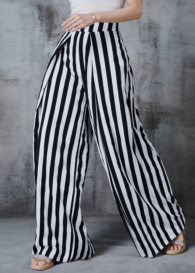 Women Black Striped Chiffon Wide Leg Pants Spring