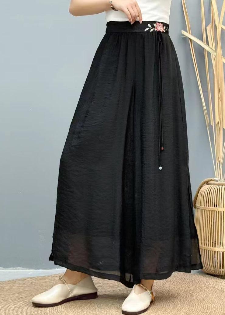 Women Black Tasseled Embroidered Linen Wide Leg Pants Summer